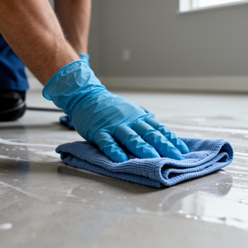 Dieptereiniging van vloer door specialist in volledige PBM